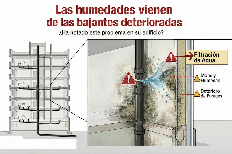 Humedades y filtraciones en la pared de un edificio en Pamplona por bajante rota
