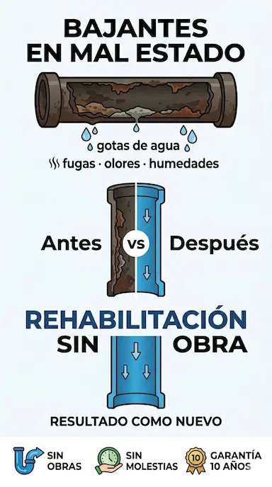 Antes y después de una reparación de bajante con resina epoxi en Navarra